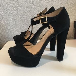Jessica Simpson Black Felt HIGH Heels + Platform
